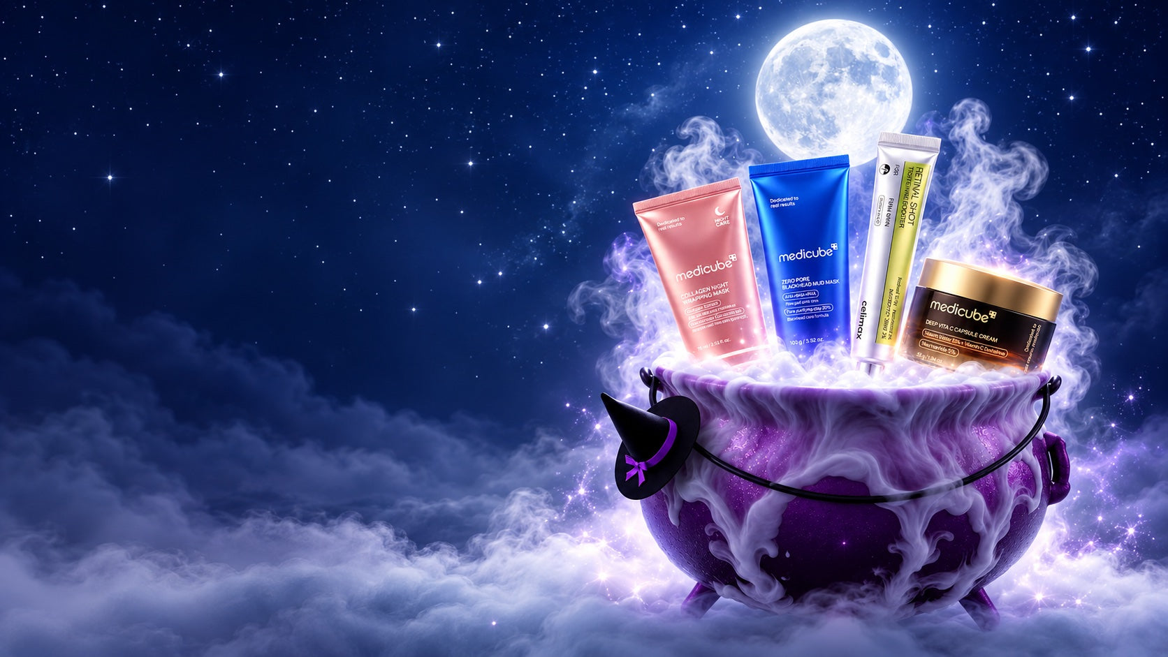 Koreaanse skincare in een paarse Halloweenketel onder een sterrenhemel